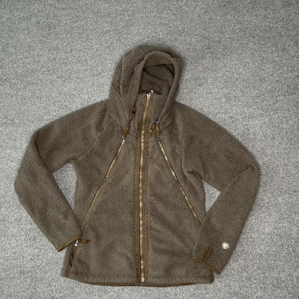 Kuhl Flight Jacket Womens Medium Brown Sherpa Fleece Hooded Zip Thumbholes‎ Coat